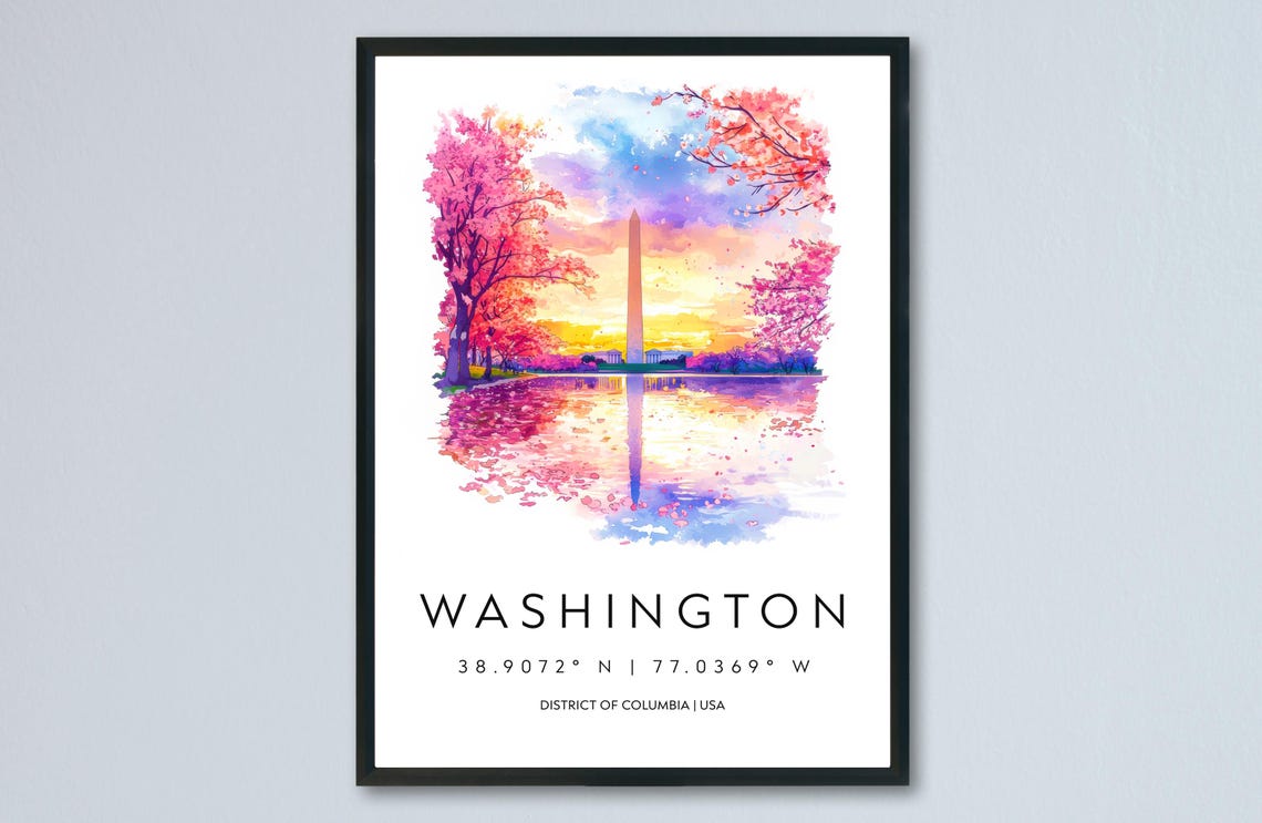 Washington DC Cherry Blossom Sunset Washington Monument Art Poster