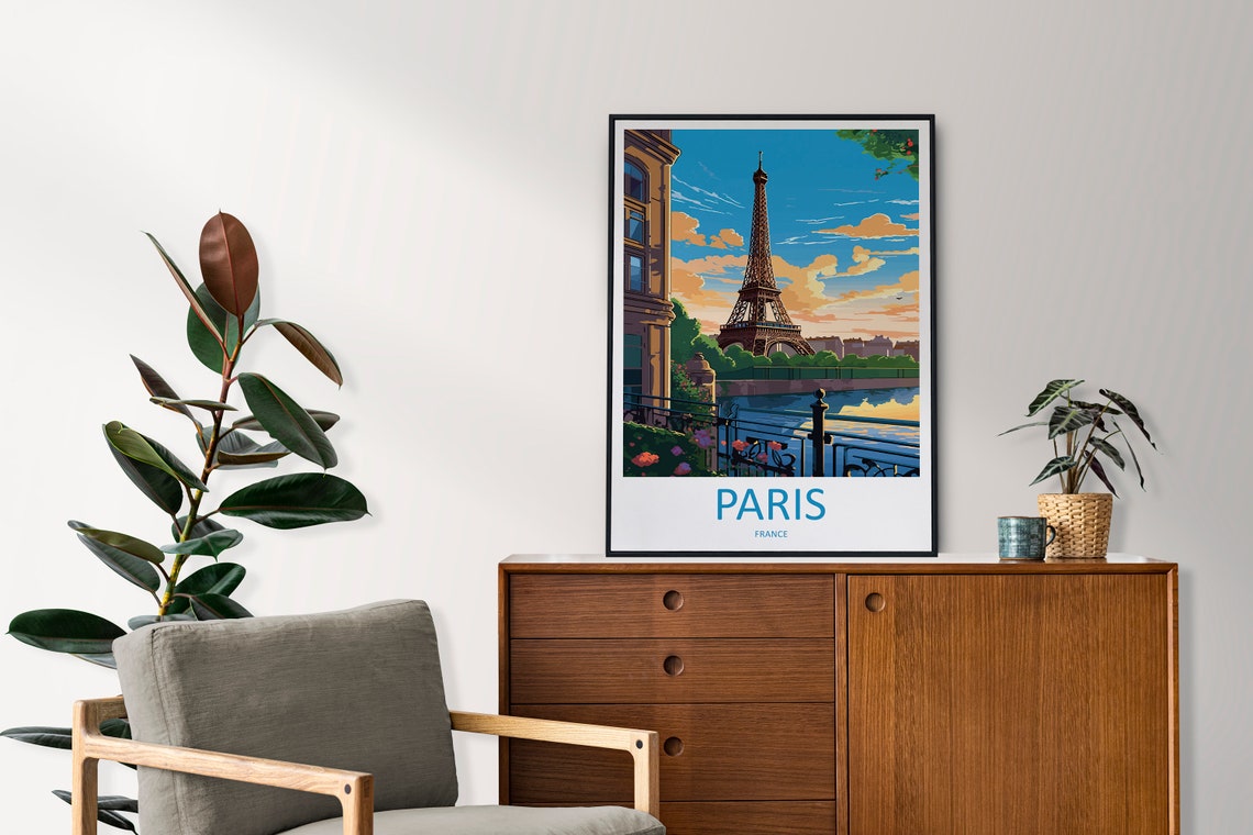 Paris France Eiffel Tower Seine Riverside Terrace Sunset Poster - Image 2