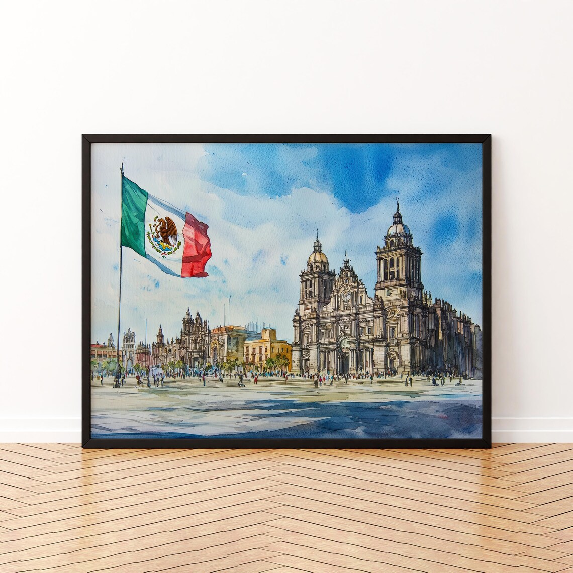 Mexico City Watercolor Travel Poster, Skyline Painting