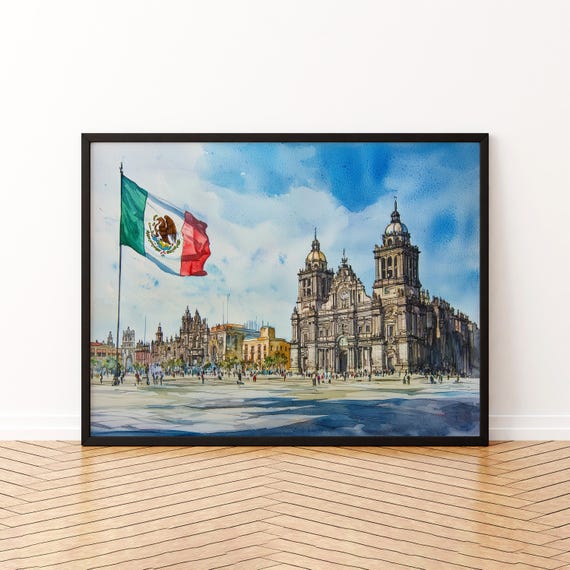 Mexico City Watercolor Travel Poster, Skyline Painting