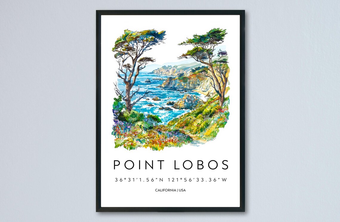 Point Lobos California Coastal Cliffs Watercolor Travel Poster