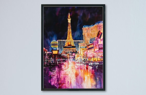 Las Vegas Strip at Night Eiffel Tower Watercolor Travel Poster