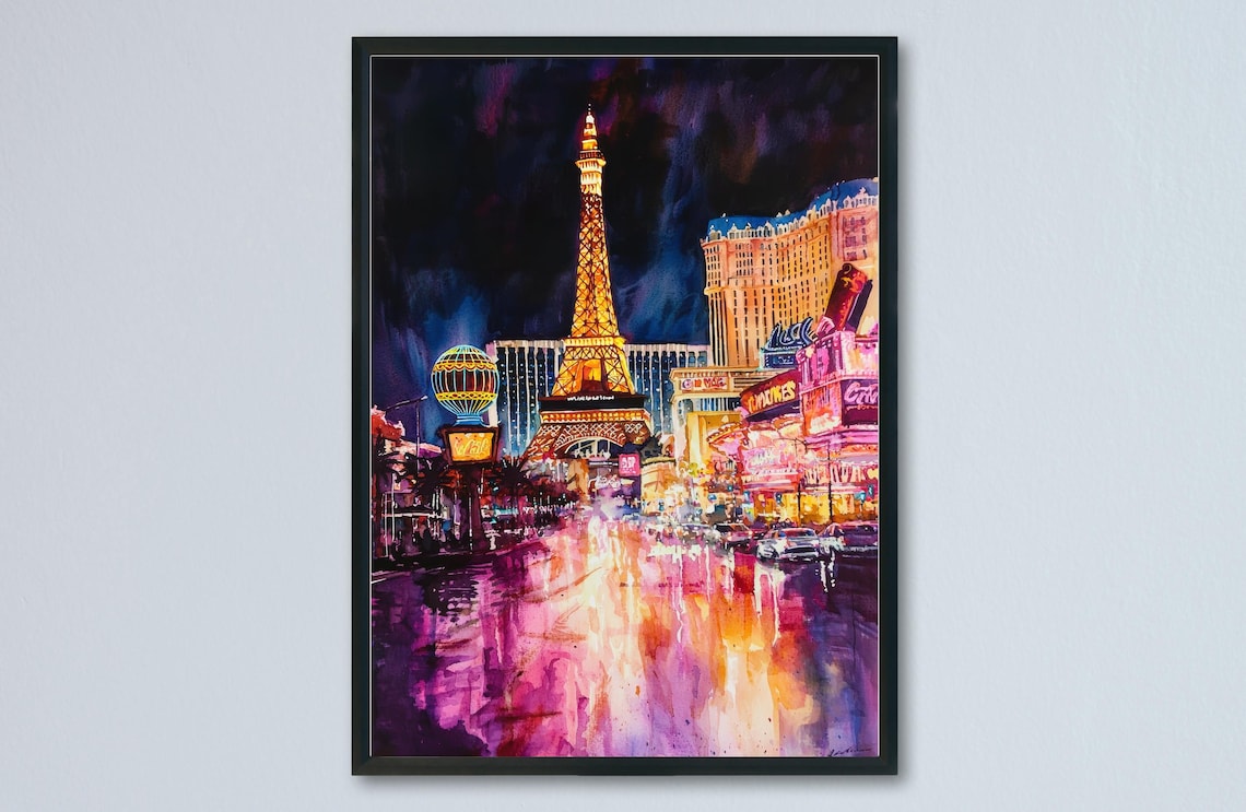 Las Vegas Strip at Night Eiffel Tower Watercolor Travel Poster