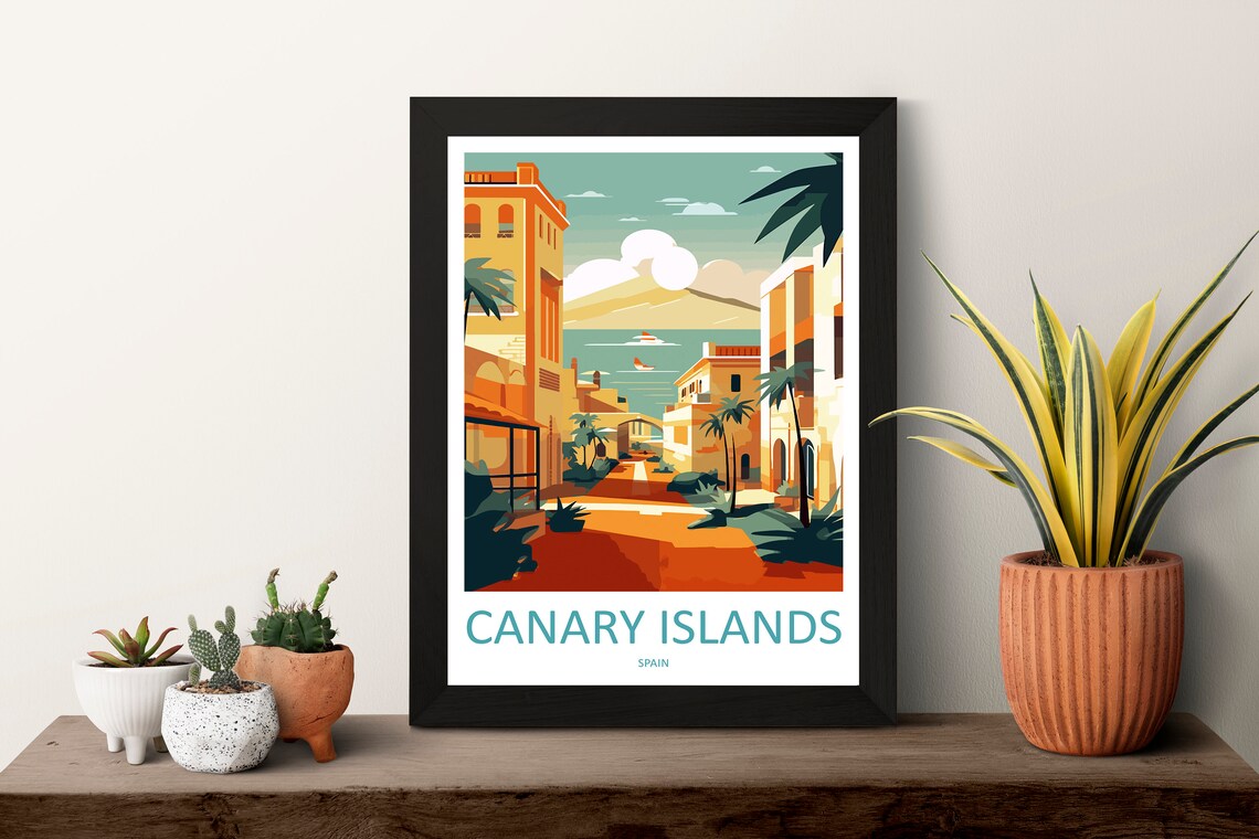 Canary Islands Spain Golden Street Palms Volcano View Travel Poster - Image 3