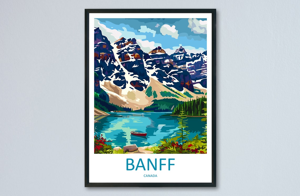 Banff Canada Turquoise Moraine Lake with a Lone Red Canoe Poster