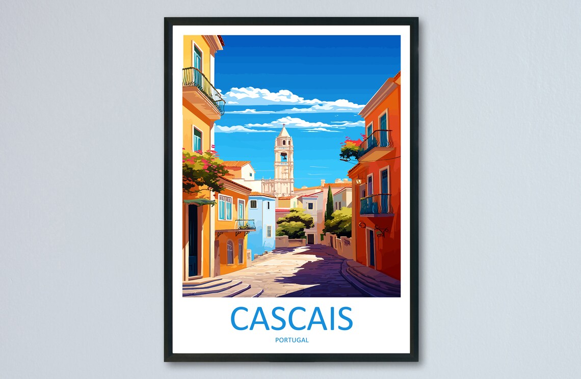 Cascais Portugal Old Town Street Balconies Church Travel Poster Art