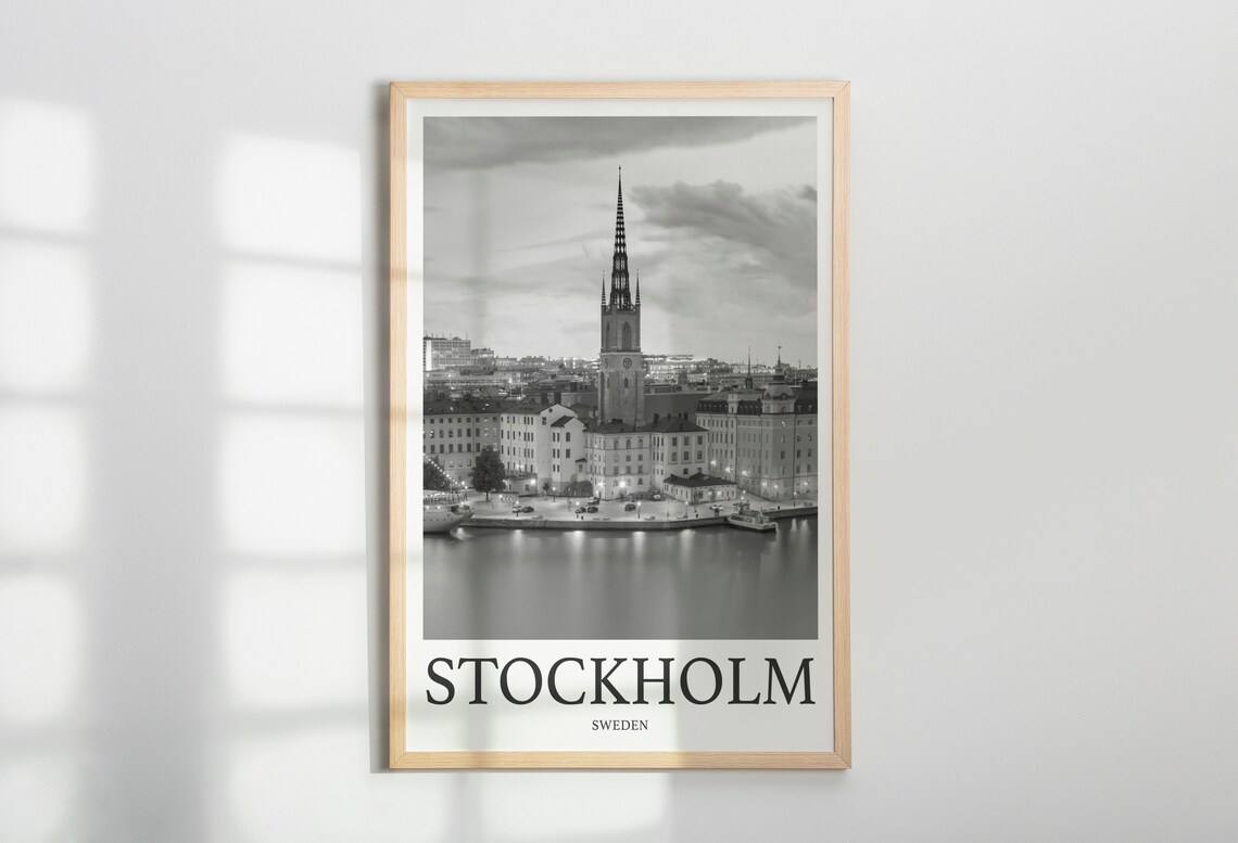 Stockholm Sweden Waterfront Skyline Black White Photo Poster