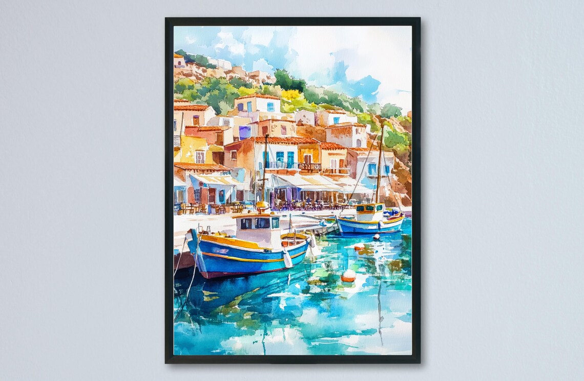 Samos Greece Colorful Harbor Fishing Boats Watercolor Travel Poster