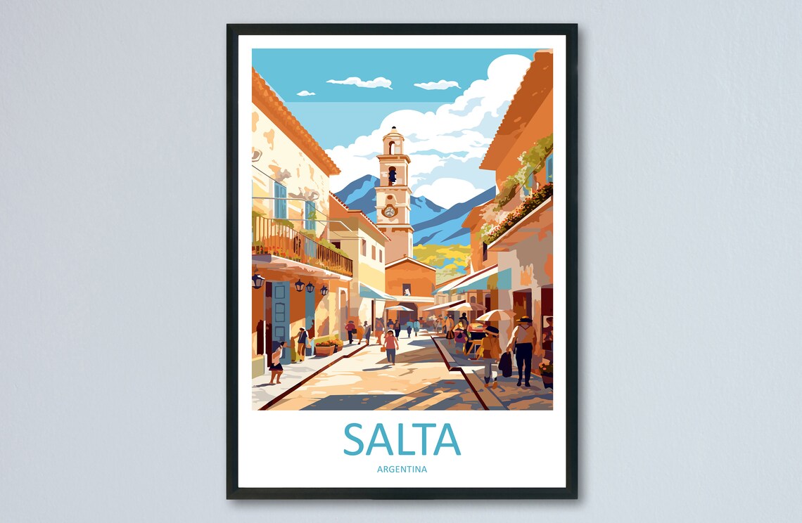 Salta Argentina Colonial Street with Church Tower Vintage Travel Poster