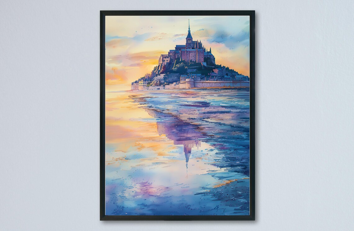 Mont Saint Michel France Abbey Tidal Sunset Watercolor Art Poster