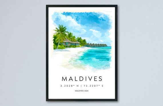 Maldives Overwater Bungalow Beach Watercolor Tropical Travel Poster