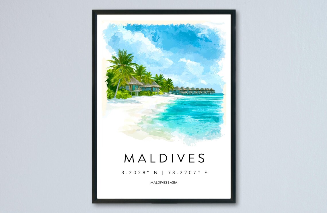 Maldives Overwater Bungalow Beach Watercolor Tropical Travel Poster