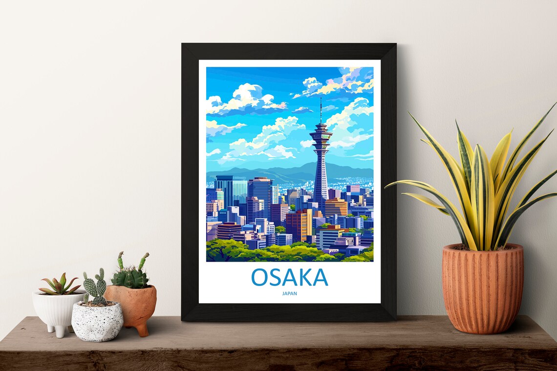 Osaka Japan City Skyline with Tall Tower Under Blue Sky Travel Poster - Image 3