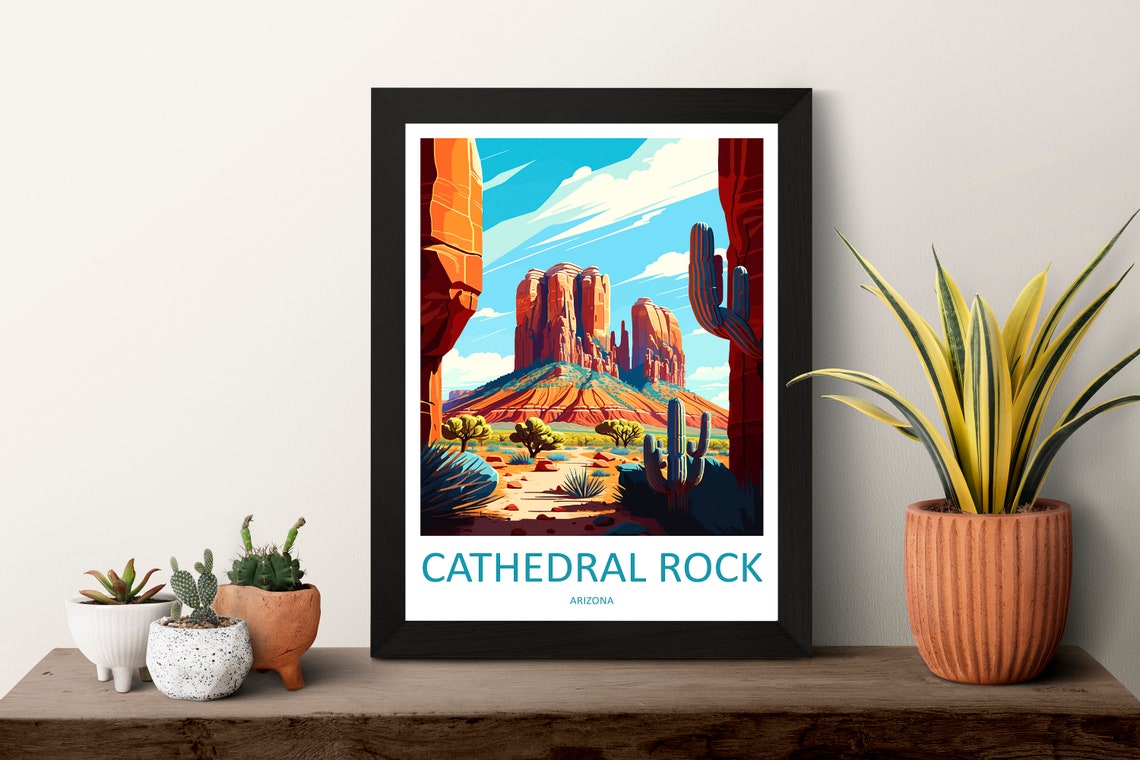 Cathedral Rock Arizona Red Desert Buttes with Cacti Scenic Poster - Image 3