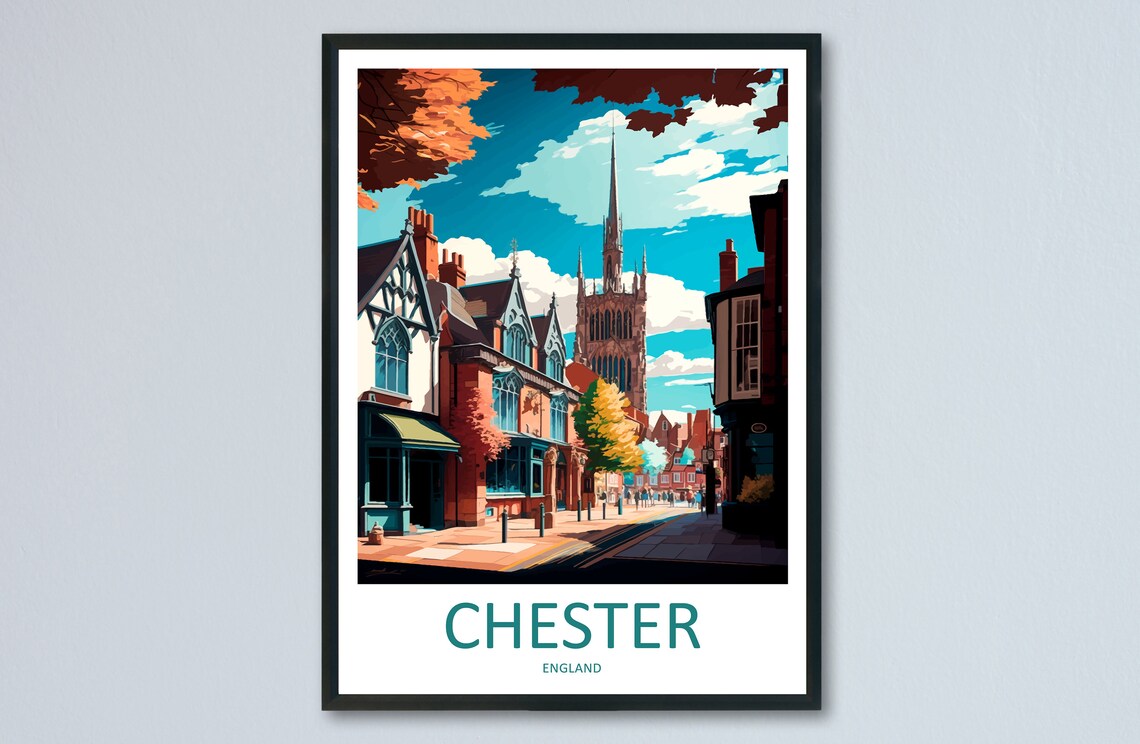 Chester England Autumn Cathedral Street Historic Quarter Travel Poster