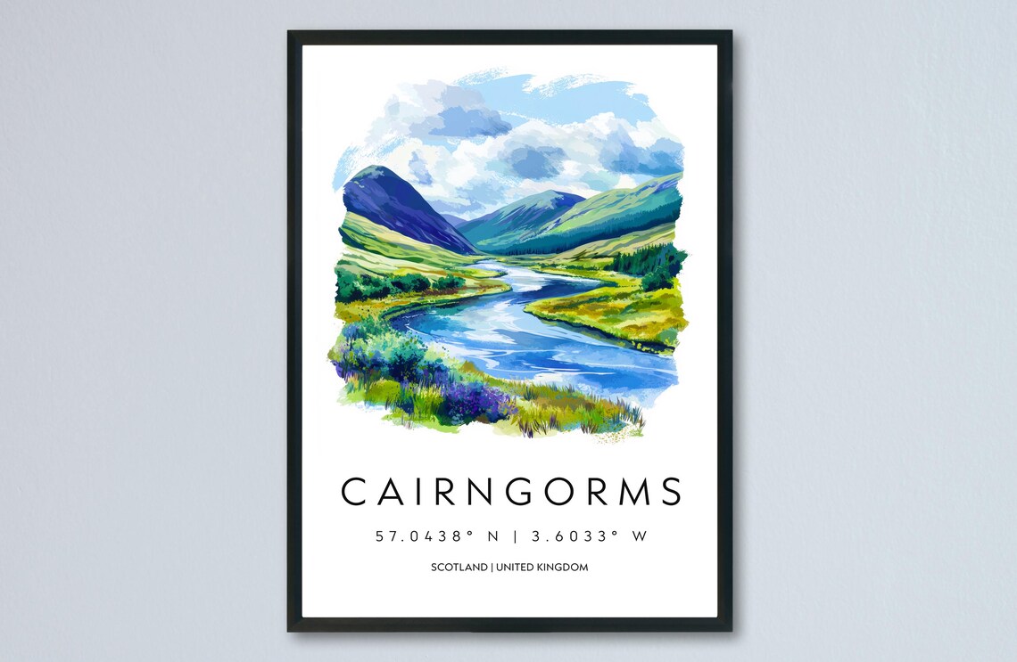 Cairngorms Scotland River Valley Mountain Watercolor Travel Poster