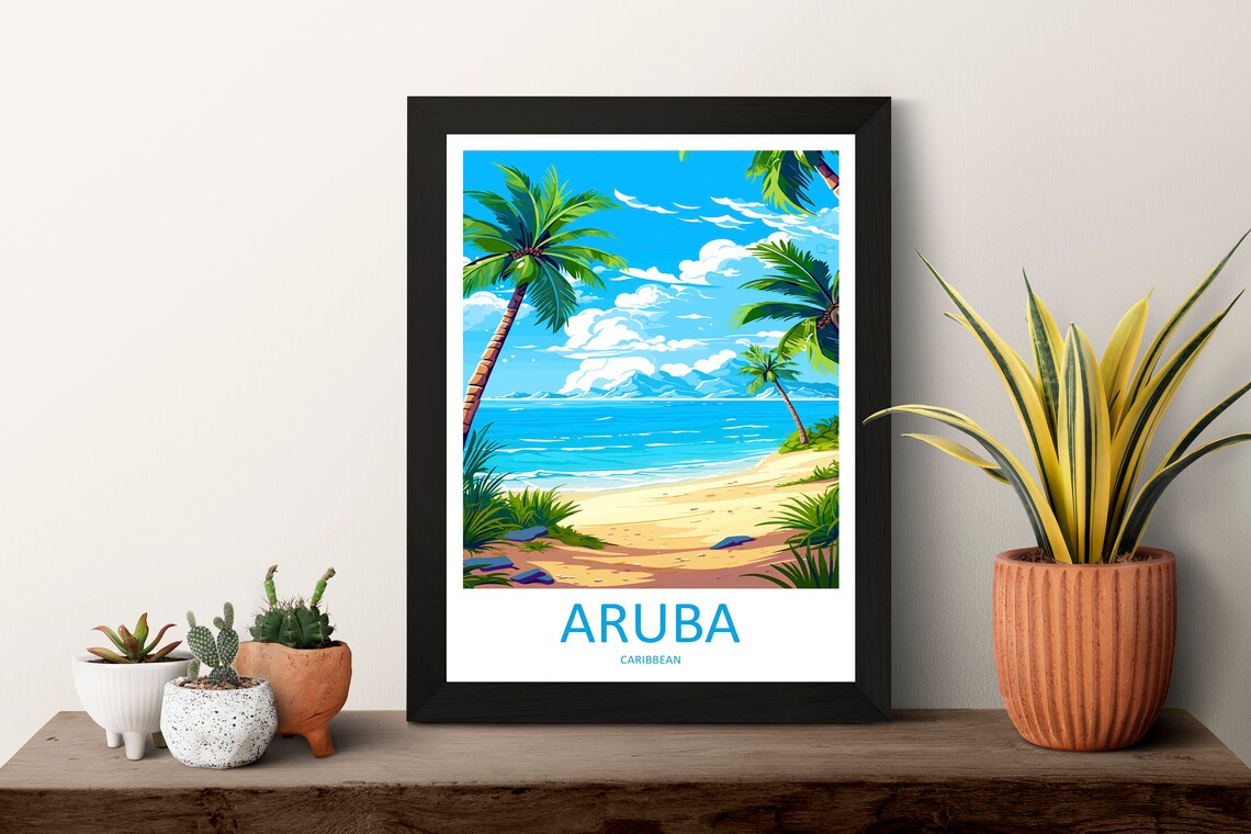 Aruba Caribbean Beach Golden Sand Palm Trees Scenic Travel Poster - Image 3