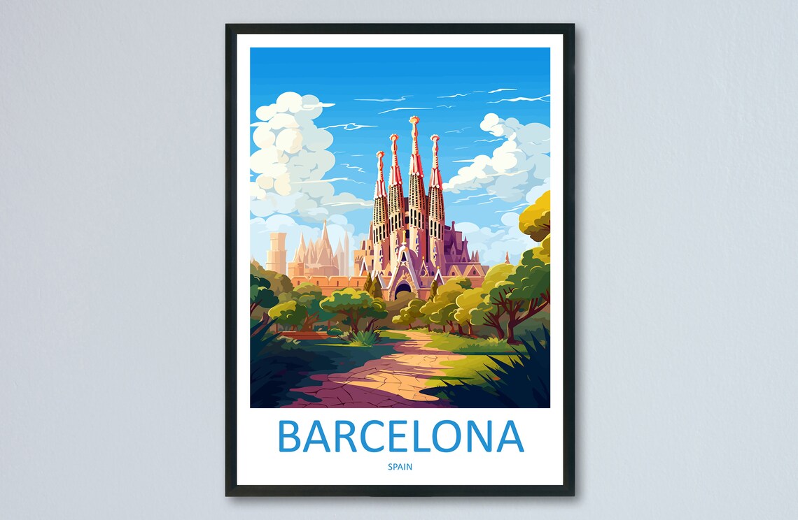Iconic Barcelona Spain Sagrada Familia Basilica Garden Art Poster