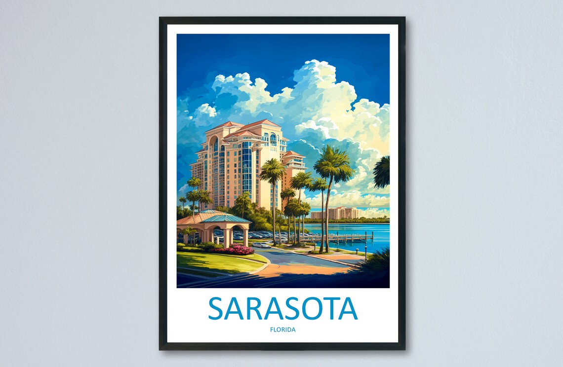 Sarasota Florida Beachfront Palms Marina Evening Sky Travel Poster