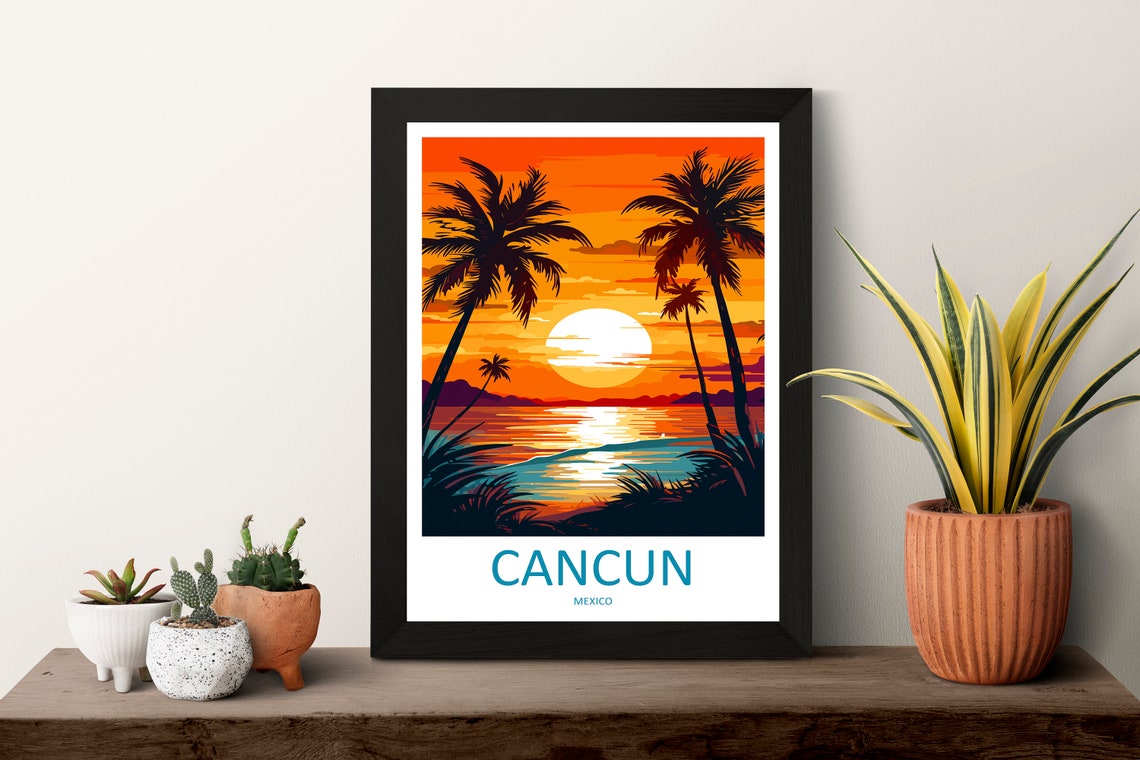 Cancun Mexico Sunset Palms Ocean Tropical Beach Silhouette Poster - Image 3