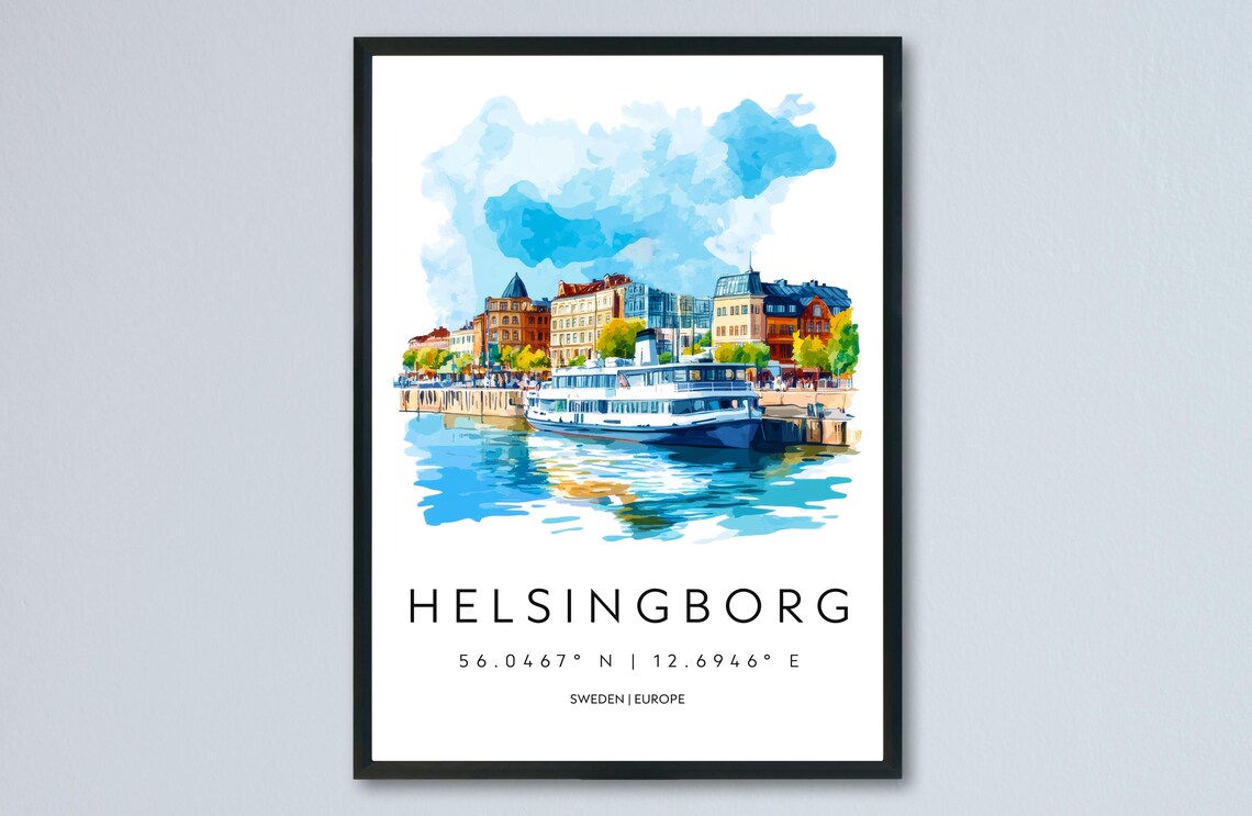 Helsingborg Harbor Ferry Watercolor Sweden Travel Art Poster