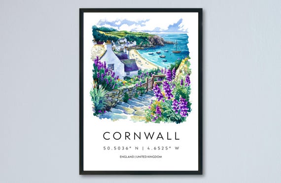 Cornwall Watercolor Travel Poster, Coast Print