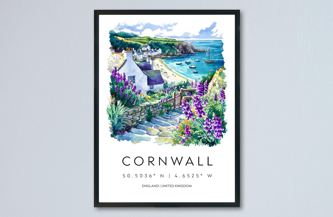 Cornwall Watercolor Travel Poster, Coast Print