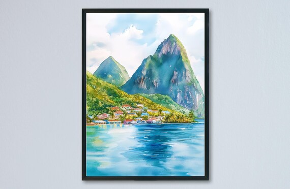 Saint Lucia Watercolor Pitons Volcanic Peaks Caribbean Bay Poster