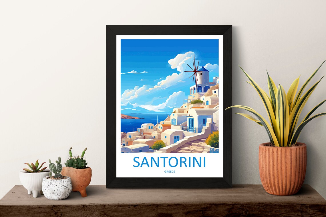 Santorini Whitewashed Village And Windmill Greece Travel Poster - Image 3