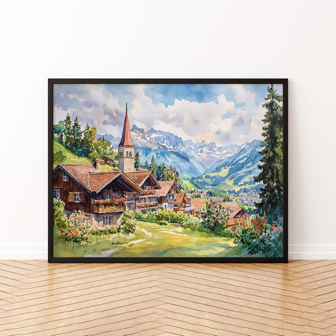 Gstaad Watercolor Poster, Switzerland Travel Poster
