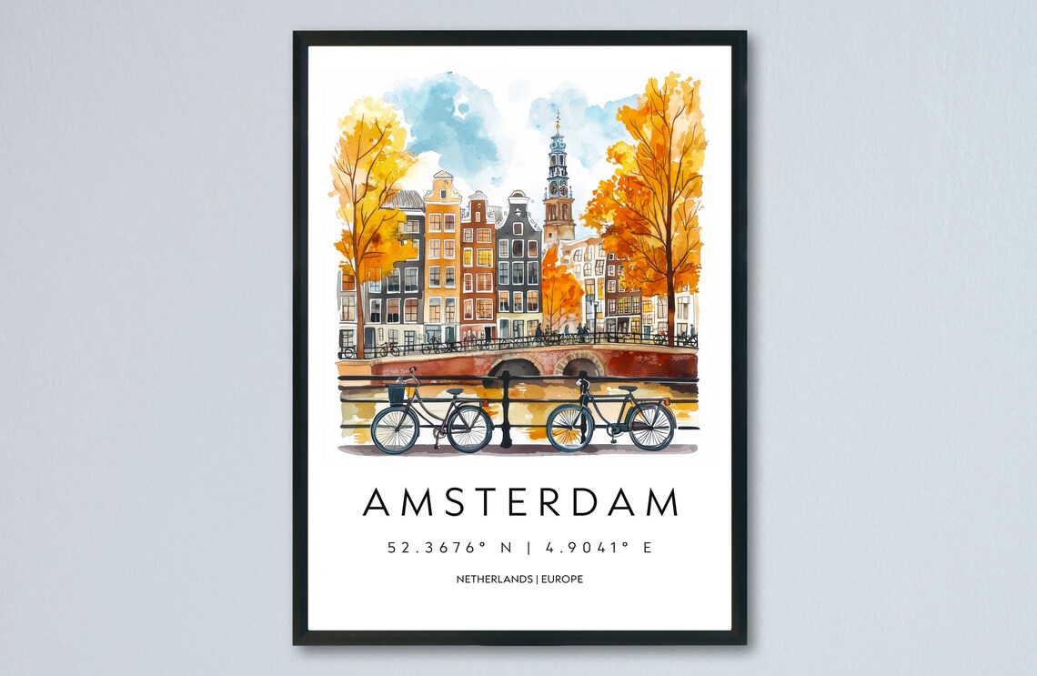 Amsterdam Canal Bicycles Watercolor Netherlands Travel Poster