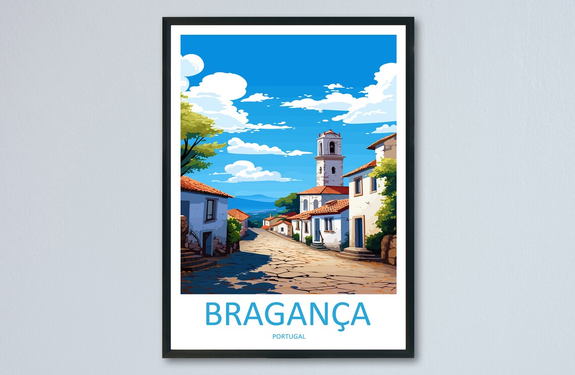 Braganca Portugal Historic Cobblestone Street Scene Travel Poster