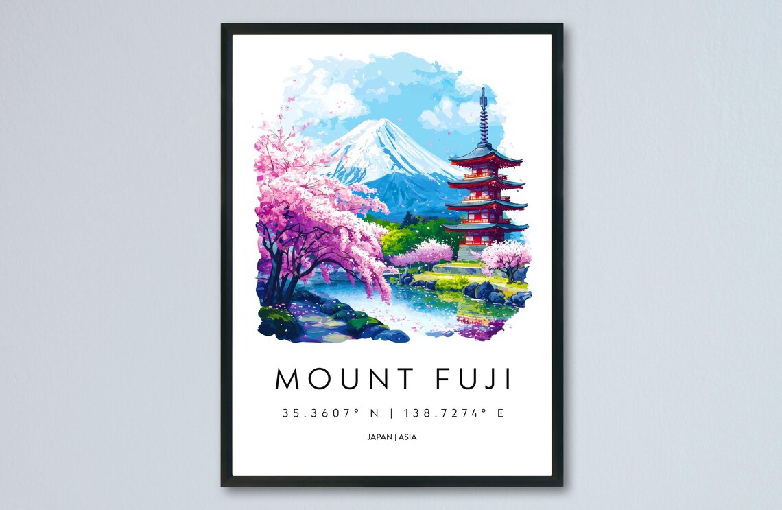 Mount Fuji Cherry Blossom Pagoda Japan Watercolor Art Poster