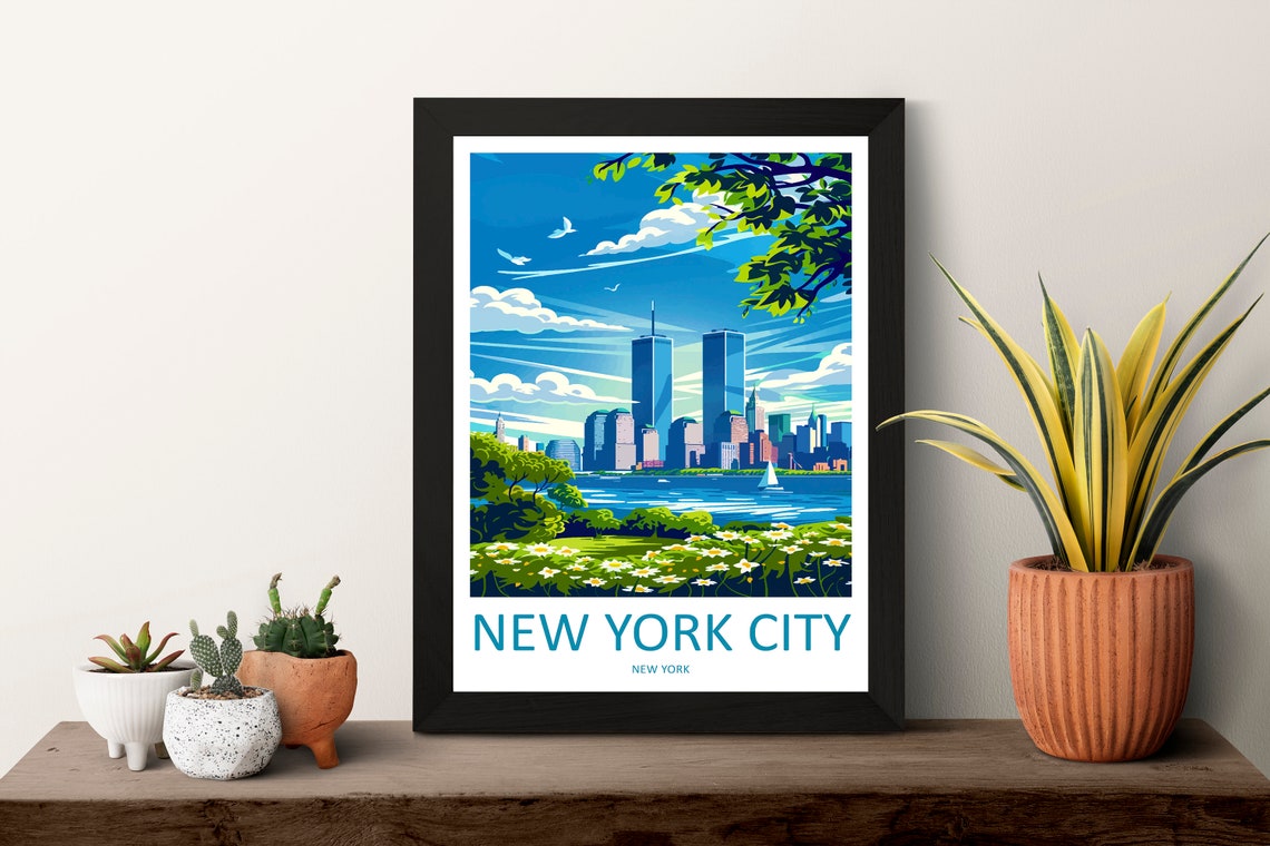 Retro New York City Twin Towers Skyline Beyond a Flower Meadow Poster - Image 3