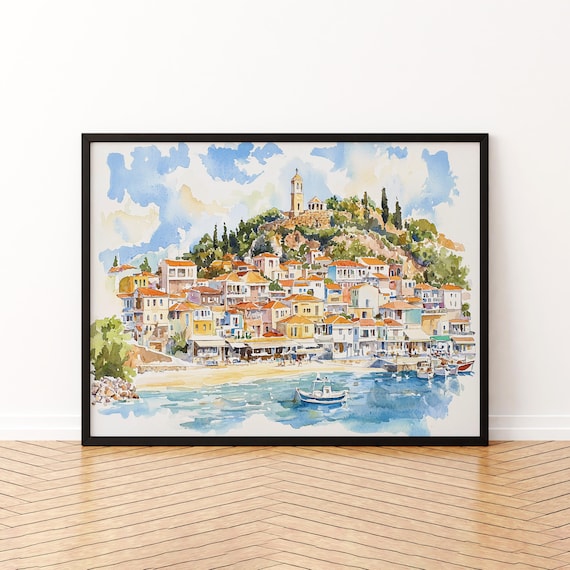 Parga Greece Watercolor Poster Hilltop Castle Coastal Town Boats Art
