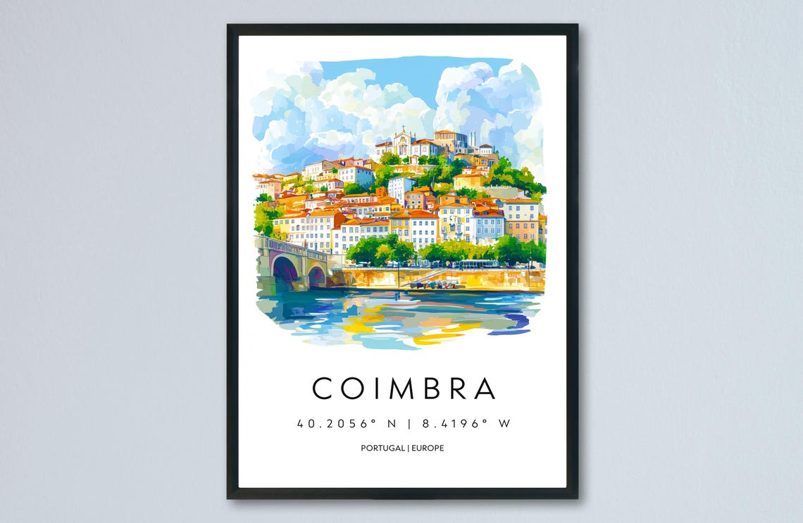 Coimbra Riverside Old Town Watercolor Portugal Hilltop City Poster