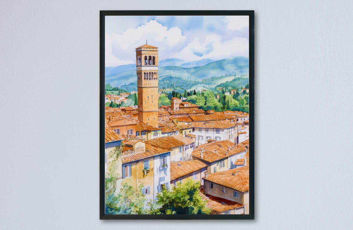 Lucca Tuscany Bell Tower Watercolor Red Tile Roofs Hills View Poster