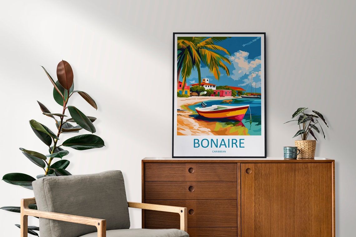 Bonaire Caribbean Sailboat Beach Palm Retro Illustration Poster - Image 2