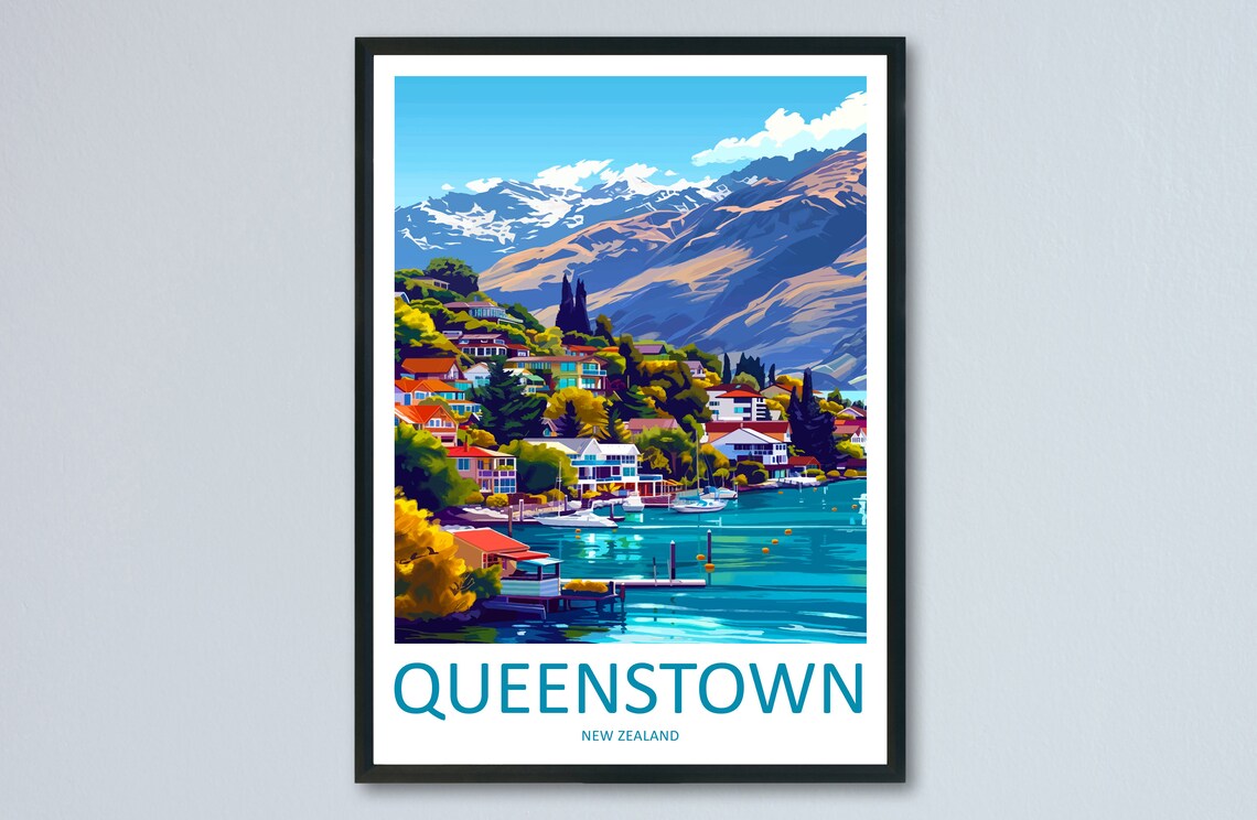 Queenstown New Zealand Alpine Lake Mountain Town Travel Poster