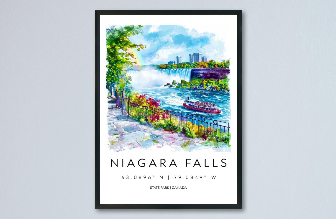Niagara Falls Watercolor Falls and Tour Boat Canada Travel Poster