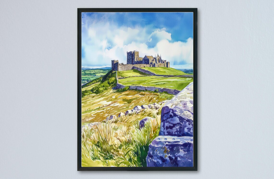 Rock of Cashel Medieval Fortress Green Hills Ireland Watercolor Poster