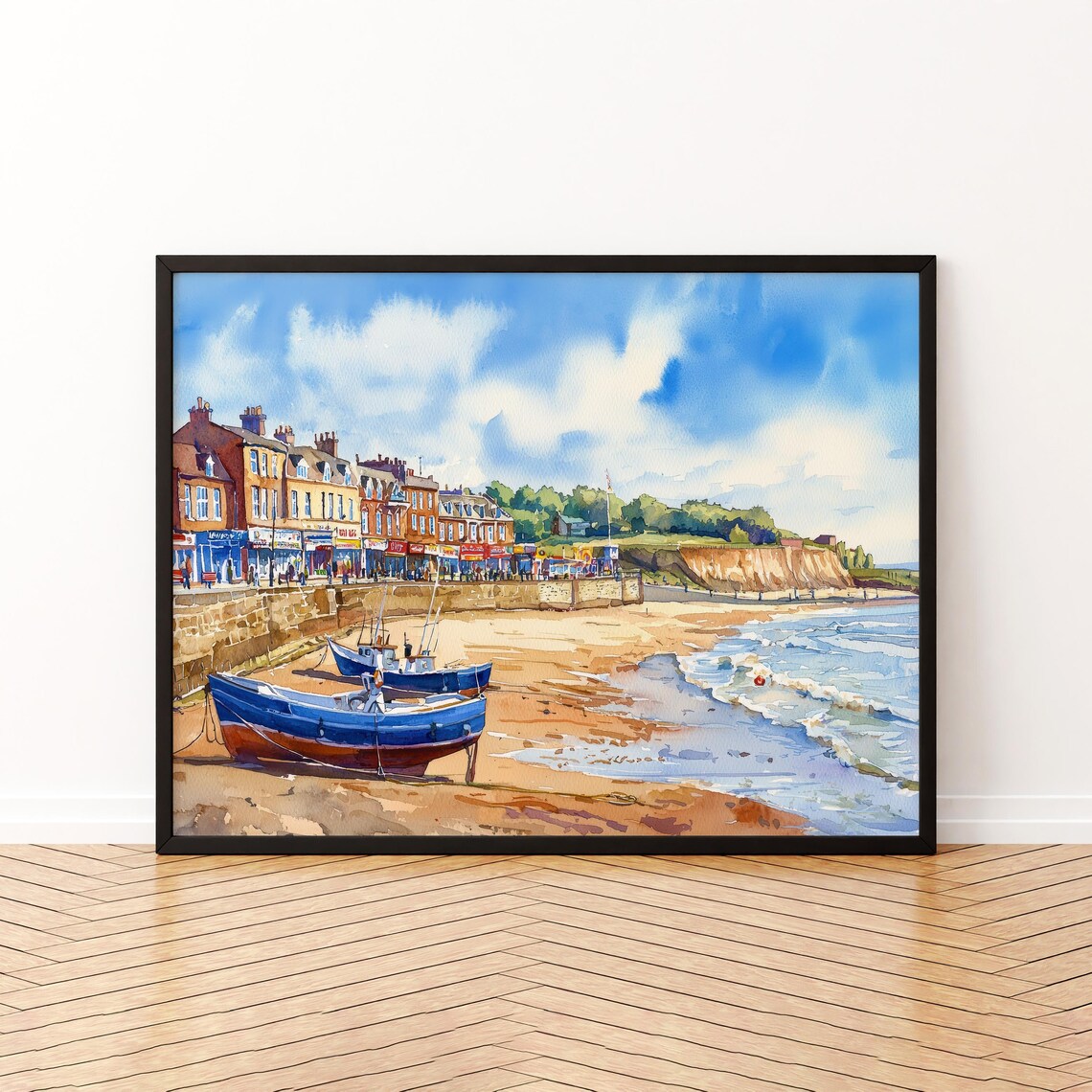 Filey England Watercolor Travel Poster, Seaside Town