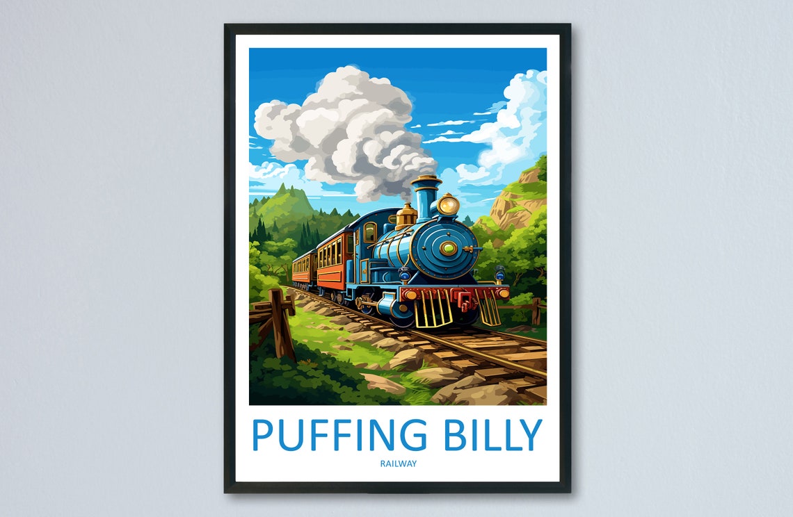Puffing Billy Railway Vintage Blue Steam Train Travel Poster