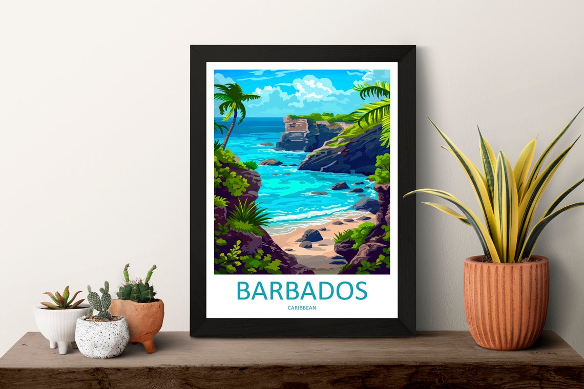 Barbados Caribbean Hidden Cove Swaying Palms Cliffs Travel Poster - Image 3