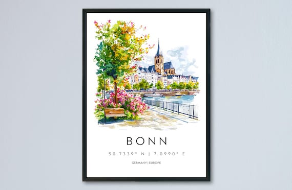 Bonn Watercolor Germany Riverside Promenade Church Travel Poster
