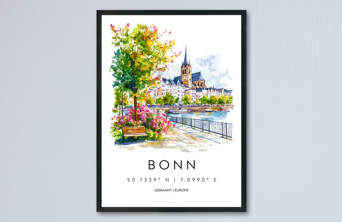 Bonn Watercolor Germany Riverside Promenade Church Travel Poster