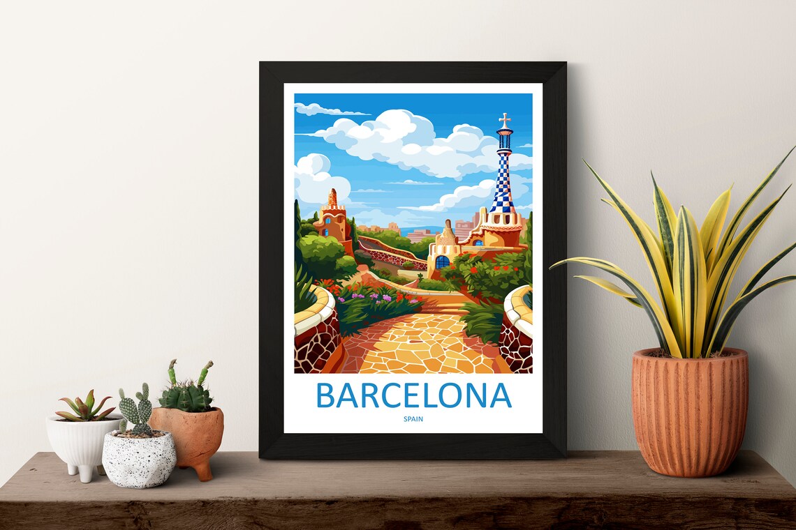 Barcelona Park Guell Whimsical Gaudi Mosaic Towers Spain Travel Poster - Image 3