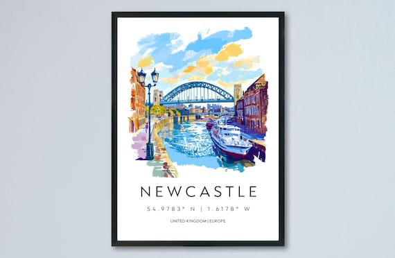 Newcastle Upon Tyne Quayside Bridge Watercolor Travel Poster
