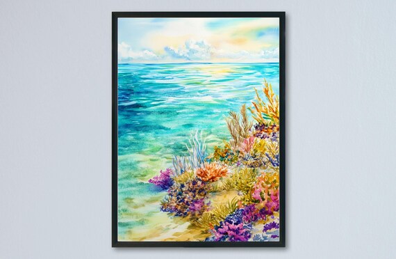 Coral Reef Shoreline Turquoise Ocean Watercolor Seascape Poster