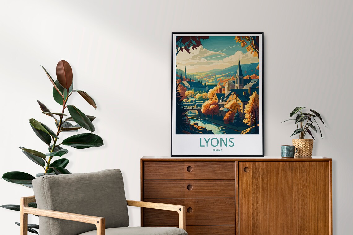 Lyons France Vintage Autumn Riverside Town Travel Poster Fall - Image 2